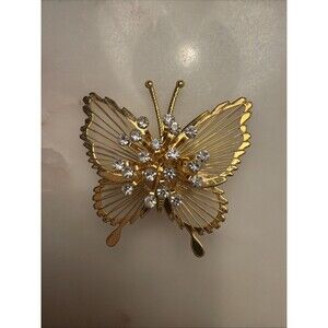 Vintage Signed Monet Gold Tone Butterfly Brooch Pin Rhinestones